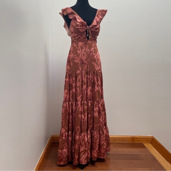 Significant Other- Copper Brown Floral Printed Cut Out Maxi Sollar Dress Size 4 - Picture 2 of 12